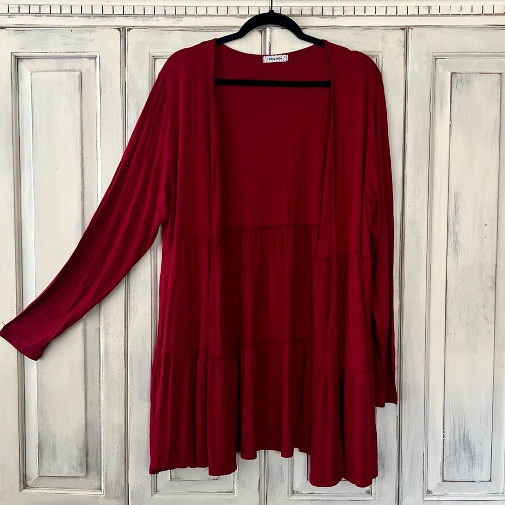 🟠NWT STORYTELLER Plus Open Front Tiered Cardigan in Deep Wine 1X